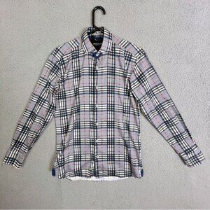 MACEOO MENS BUTTON DOWN SHIRT SIZE S BLACK LAVENDER CHECK